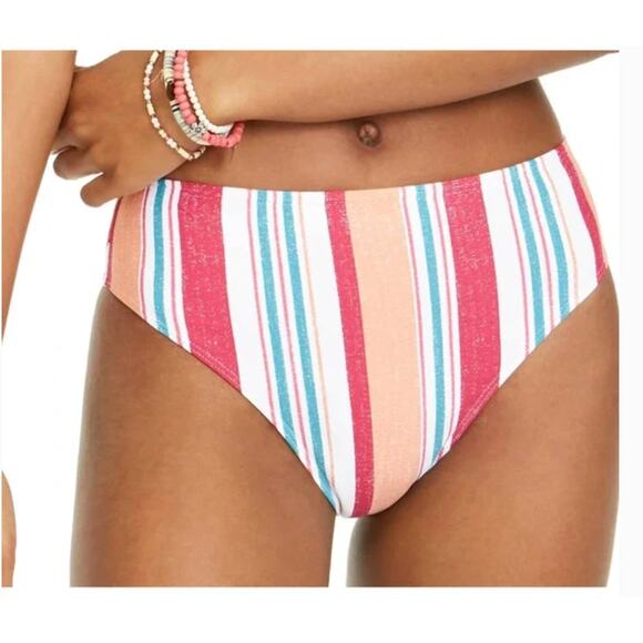 Roxy Women's Striped Pink Green High Waist Swim Bottoms Small NEW - Picture 1 of 7